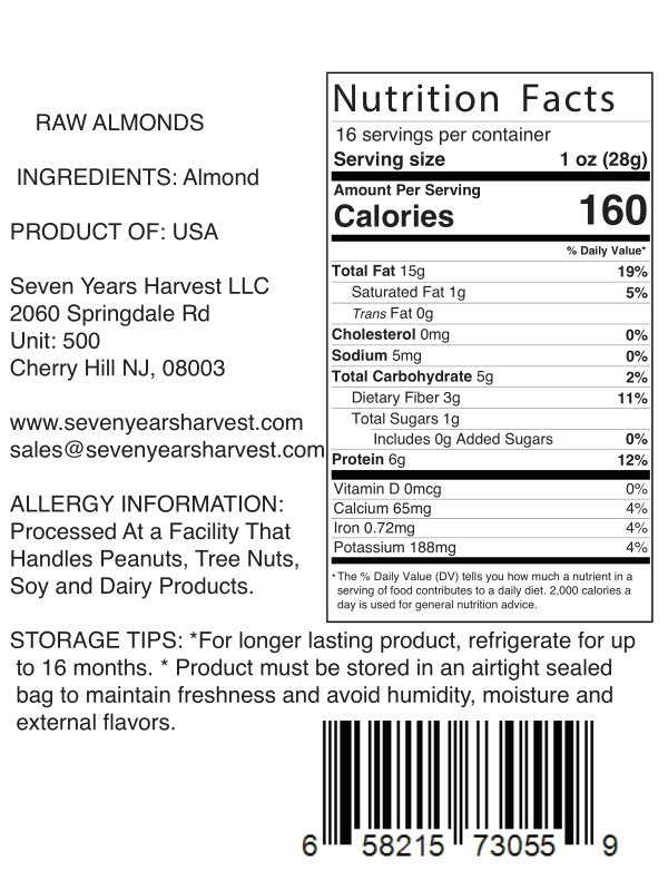 Seven Years Harvest Raw Almonds 1 Lb (454 Gr)