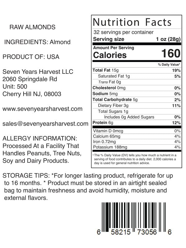 !Seven Years Harvest Raw Almonds 2 Lb (907 Gr)