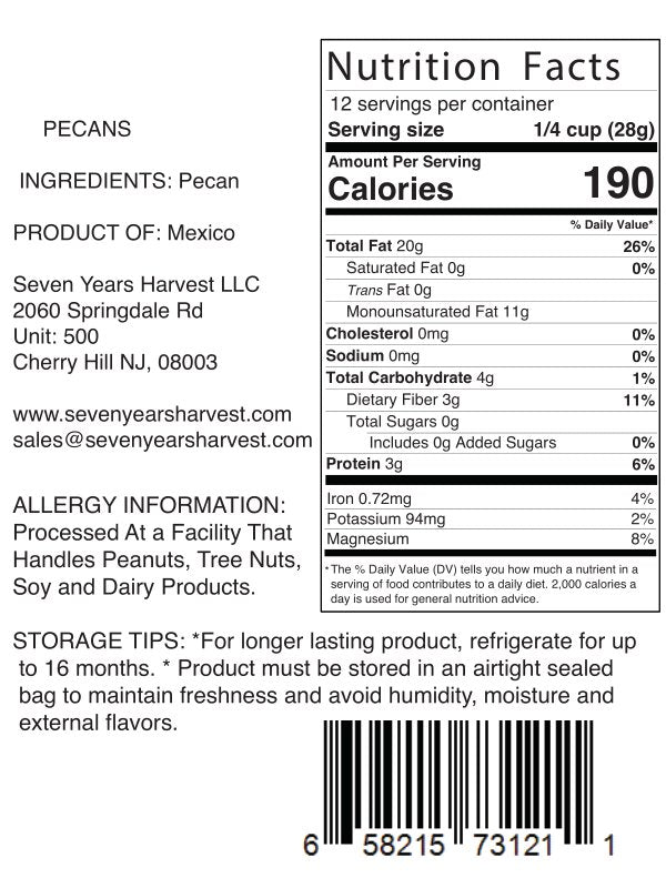 Seven Years Harvest Raw Pecan Jumbo Halves 12 Oz (340 Gr)