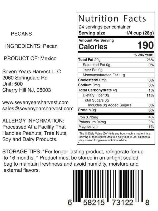 Seven Years Harvest Raw Pecan Jumbo Halves 24 Oz (680 Gr )