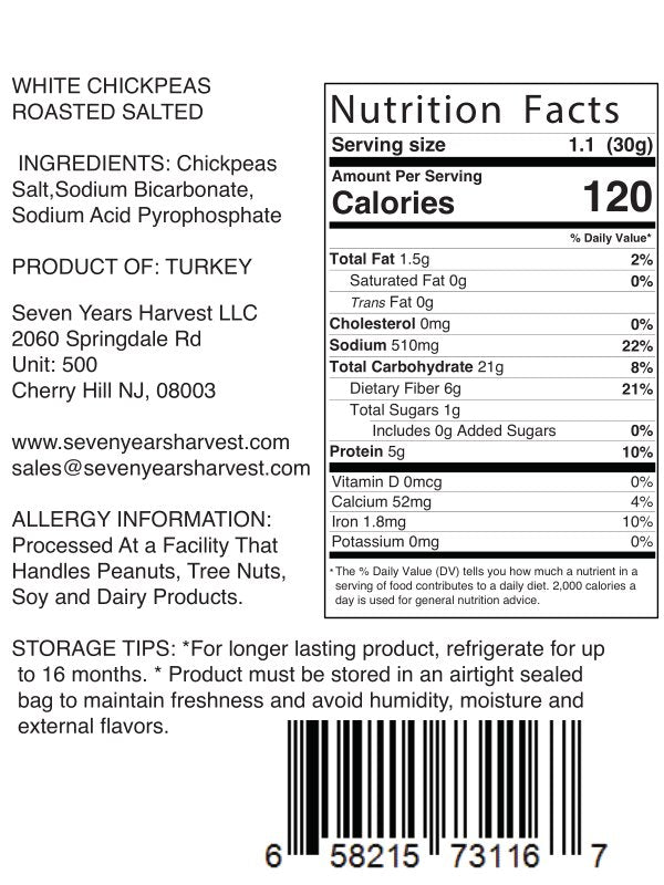 Seven Years Harvest Roasted  Salted  White  Chickpeas 1 Lb (454 Gr)