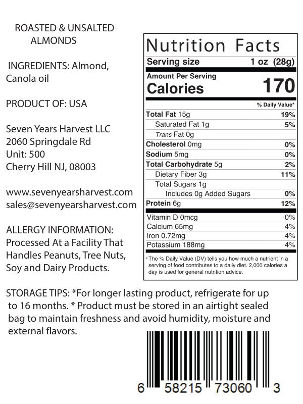 !Seven Years Harvest Roasted Unsalted Almonds 1 Lb (454 Gr)