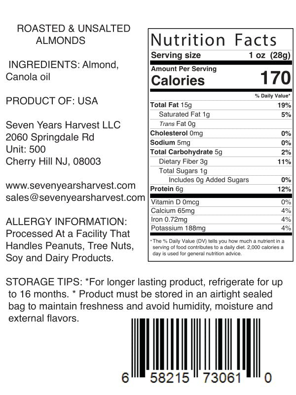 Seven Years Harvest Roasted Unsalted Almonds 2 Lb (907 Gr)