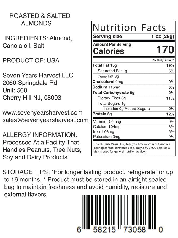 !Seven Years Harvest Roasted Salted Almonds 1 Lb (454 Gr)