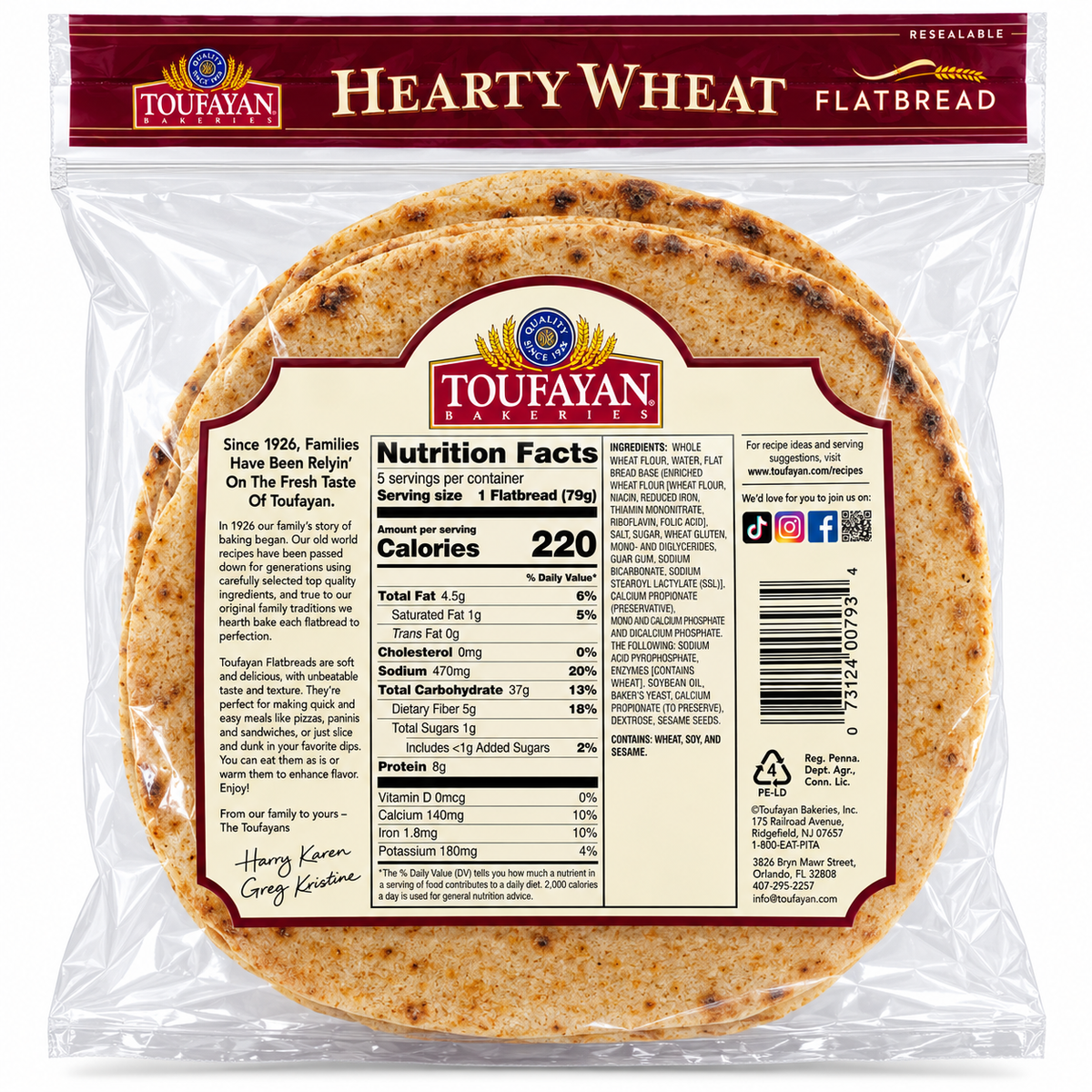 Toufayan | Hearty Wheat Flatbread, Hearth Baked, 5 Count | 14 oz (397 g)