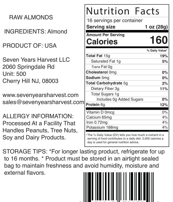 Seven Years Harvest Raw Almonds 1 Lb (454 Gr)