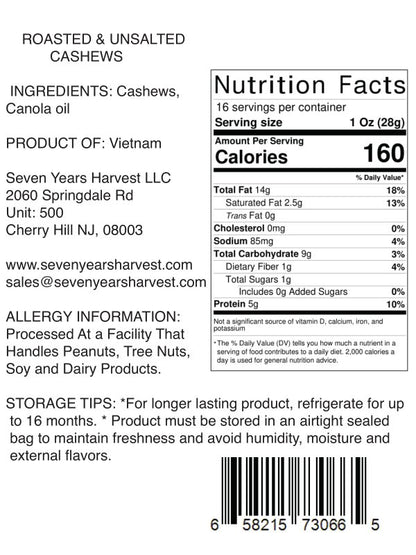 !SYH Roasted Unsalted Cashews 1 Lb (454 Gr)