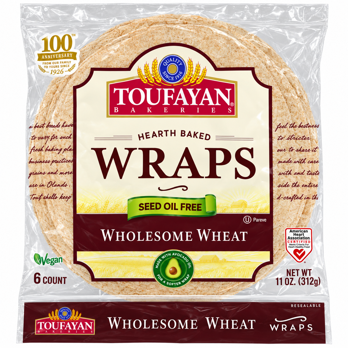 Toufayan | Wholesome Wheat Wraps, Seed Oil Free, 6 Count | 11 oz (312 g)