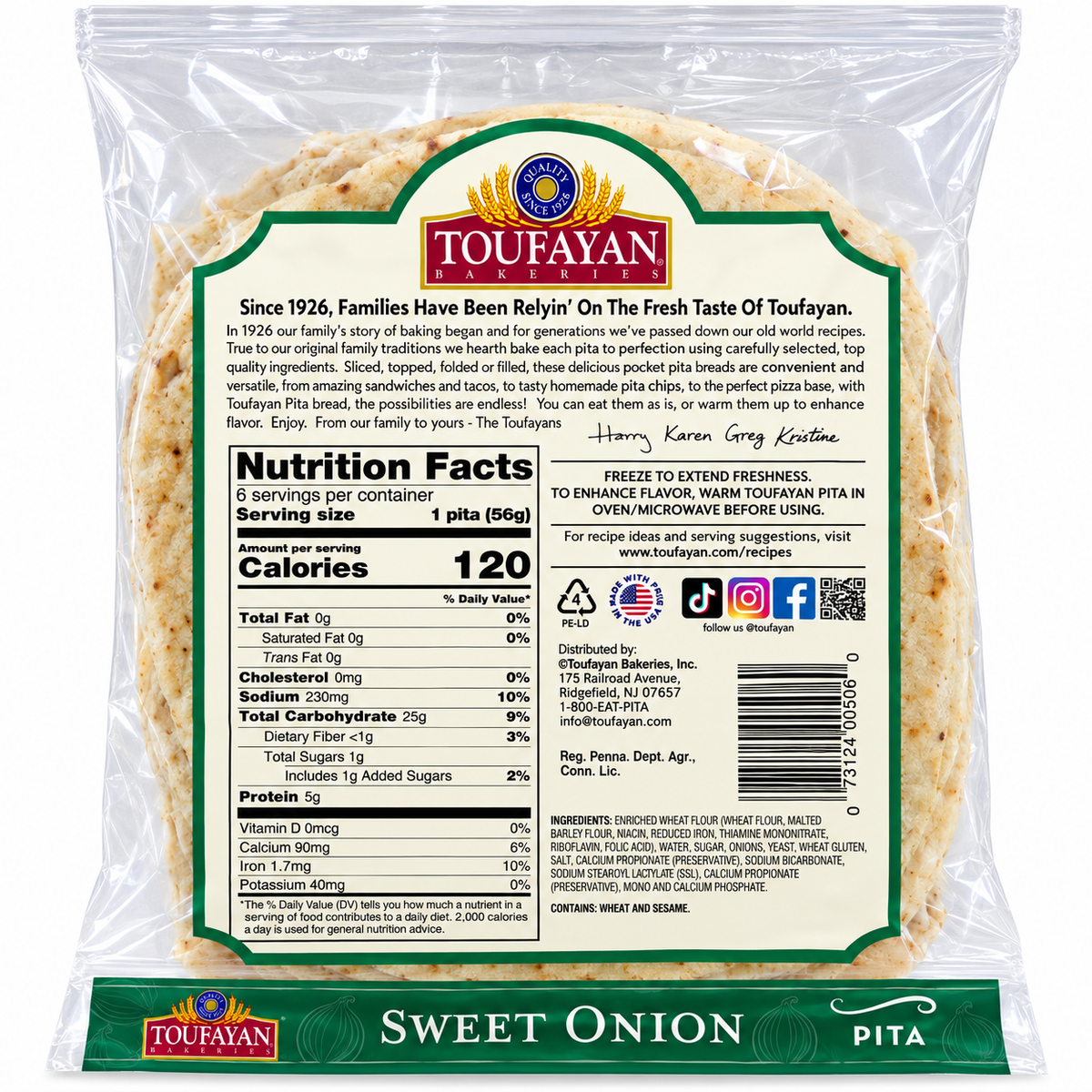 Toufayan | Sweet Onion Pita Bread, Hearth Baked, 6 Loaves | 12 oz (340 g)
