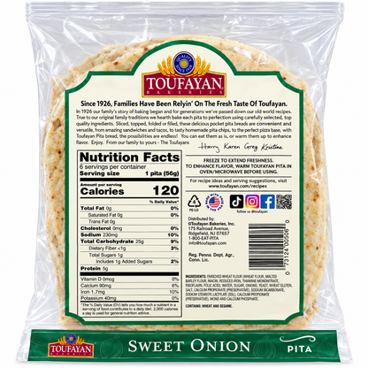 Toufayan | Sweet Onion Pita Bread, Hearth Baked, 6 Loaves | 12 oz (340 g)