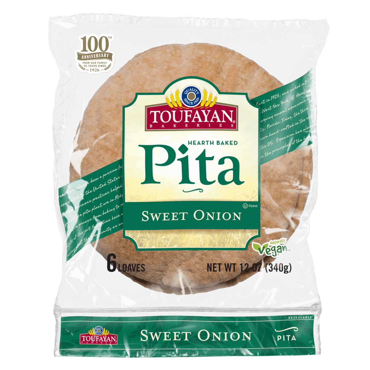 Toufayan | Sweet Onion Pita Bread, Hearth Baked, 6 Loaves | 12 oz (340 g)