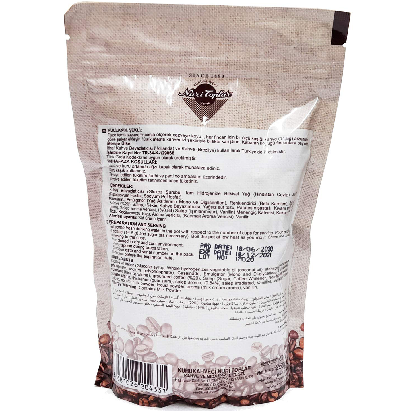 Nuri Toplar Turkish Coffee w Milk special Blend (Dibek) 250 gr