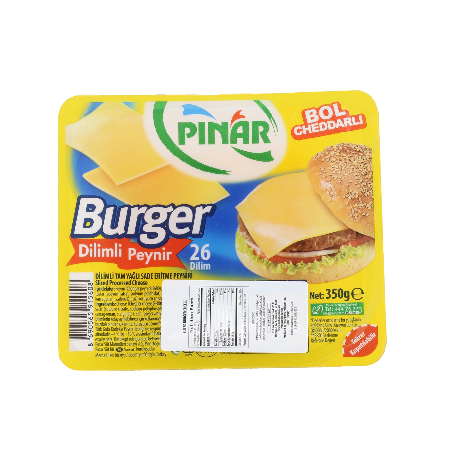 Pinar Burger Sliced Cheddar Cheese 350 Gr